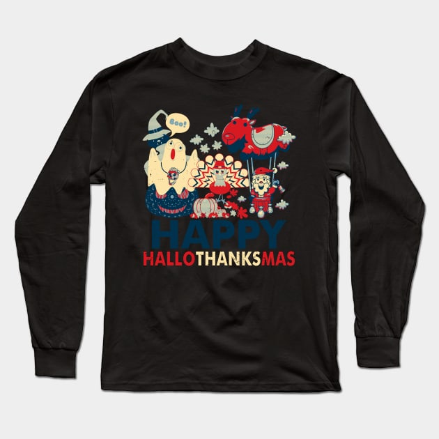 Retro Happy Hallowthanksmas for Halloween Thanksgiving Xmas Long Sleeve T-Shirt by alcoshirts